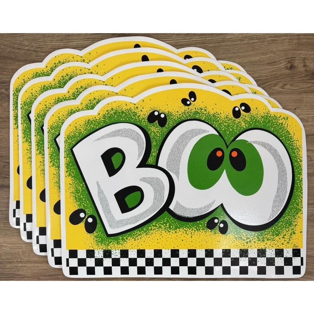 Vintage 2001 B&D BOO Halloween Placemats Set 5 Y2K Checkered Bug Eyes Glitter